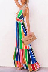 Rainbow Striped Backless V Neck Sling Dress