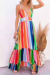 Rainbow Striped Backless V Neck Sling Dress