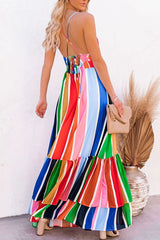 Rainbow Striped Backless V Neck Sling Dress
