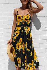 Casual Striped Floral Buckle Spaghetti Strap A Line Dresses