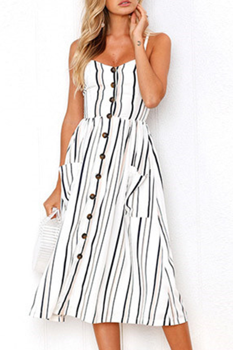 Casual Striped Floral Buckle Spaghetti Strap A Line Dresses