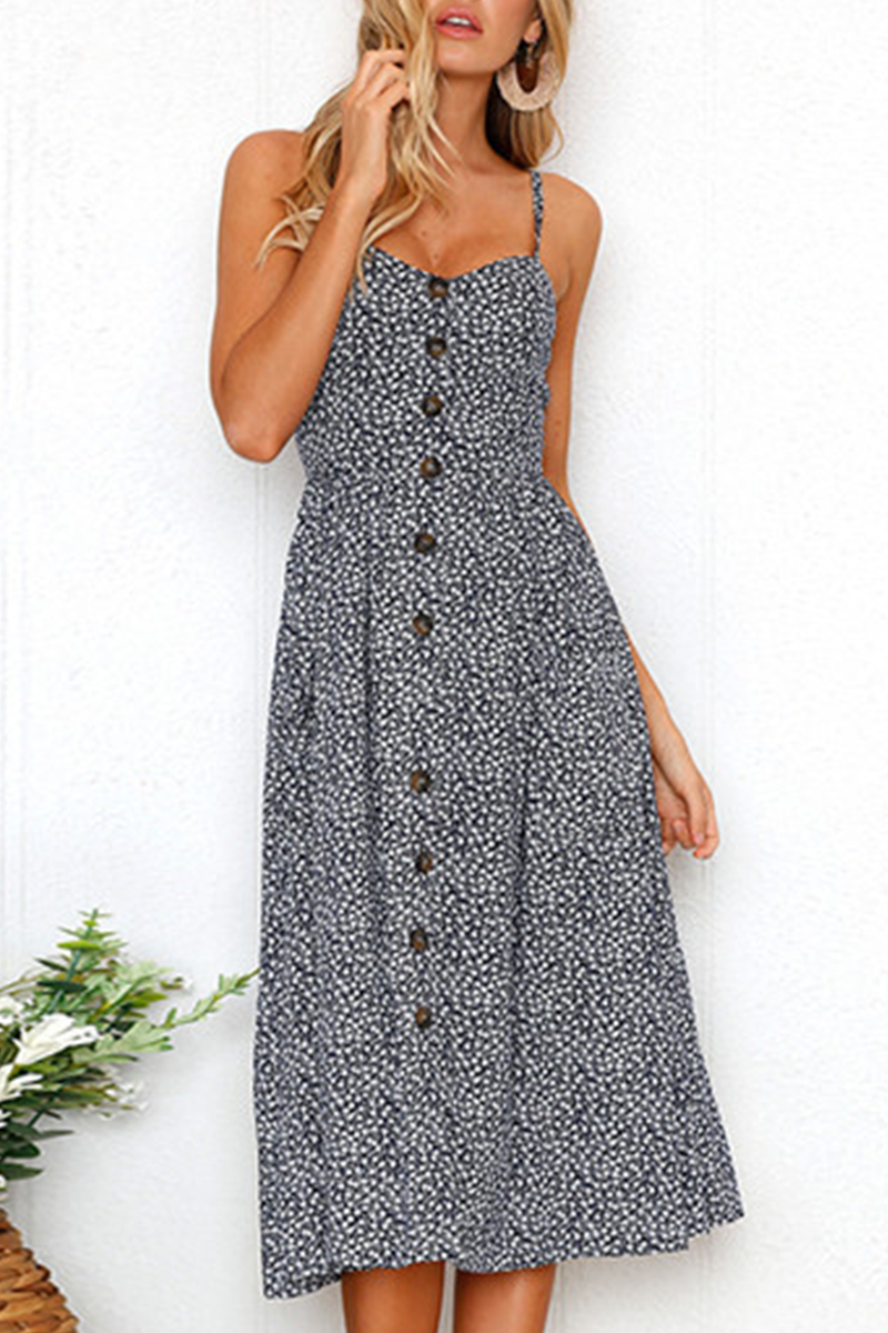 Casual Striped Floral Buckle Spaghetti Strap A Line Dresses