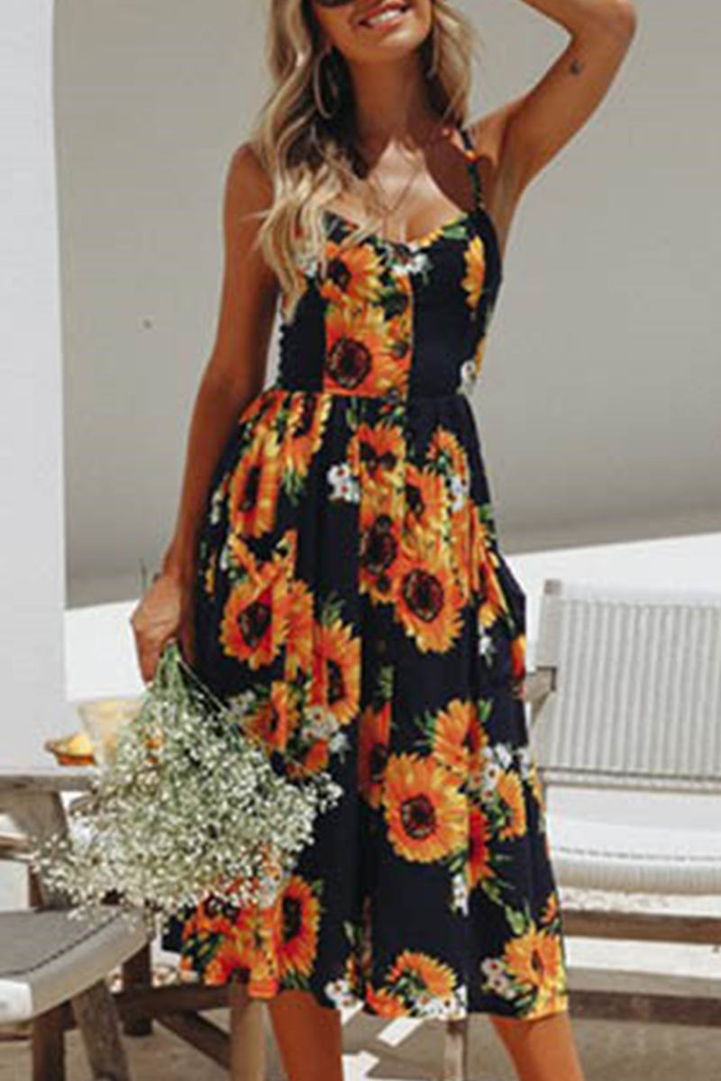 Casual Striped Floral Buckle Spaghetti Strap A Line Dresses