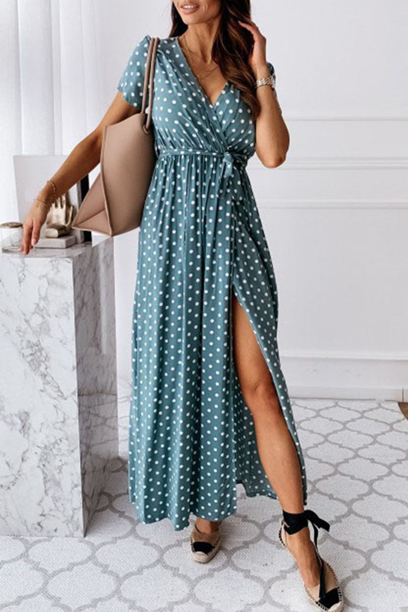 Fashion Dot Slit V Neck Printed Maxi Dresses(4 Colors)