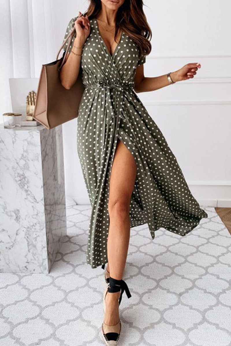 Fashion Dot Slit V Neck Printed Maxi Dresses(4 Colors)