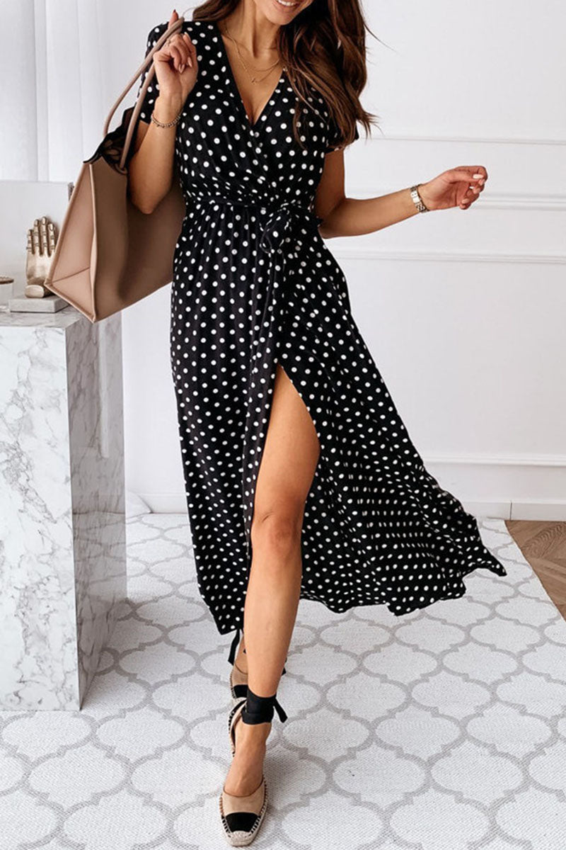 Fashion Dot Slit V Neck Printed Maxi Dresses(4 Colors)