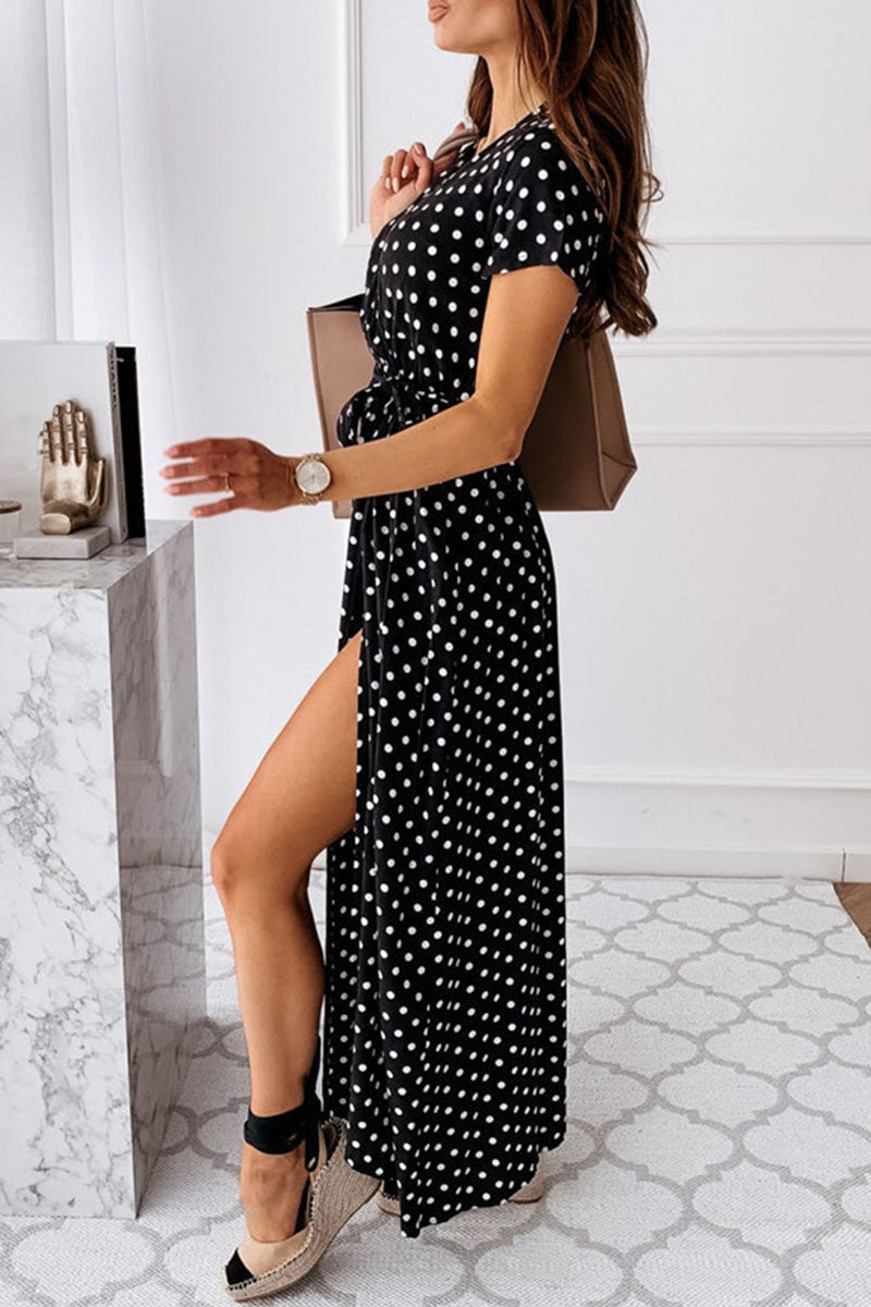 Fashion Dot Slit V Neck Printed Maxi Dresses(4 Colors)