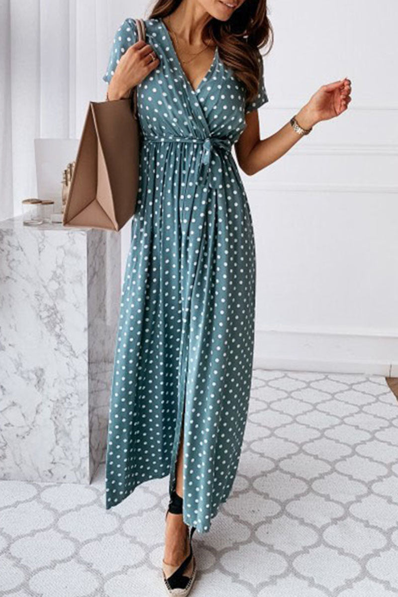 Fashion Dot Slit V Neck Printed Maxi Dresses(4 Colors)