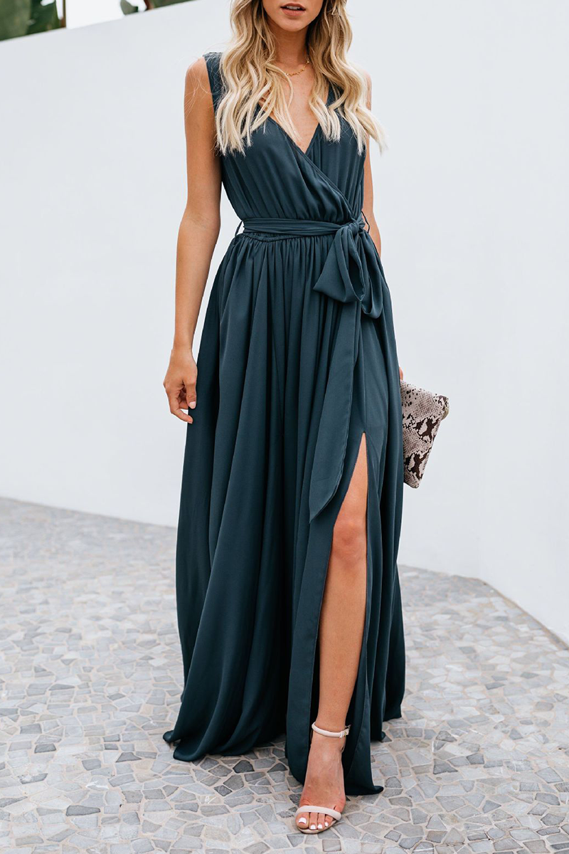 Fashion Solid Bandage Slit V Neck Sleeveless Maxi Dresses(2 Colors)