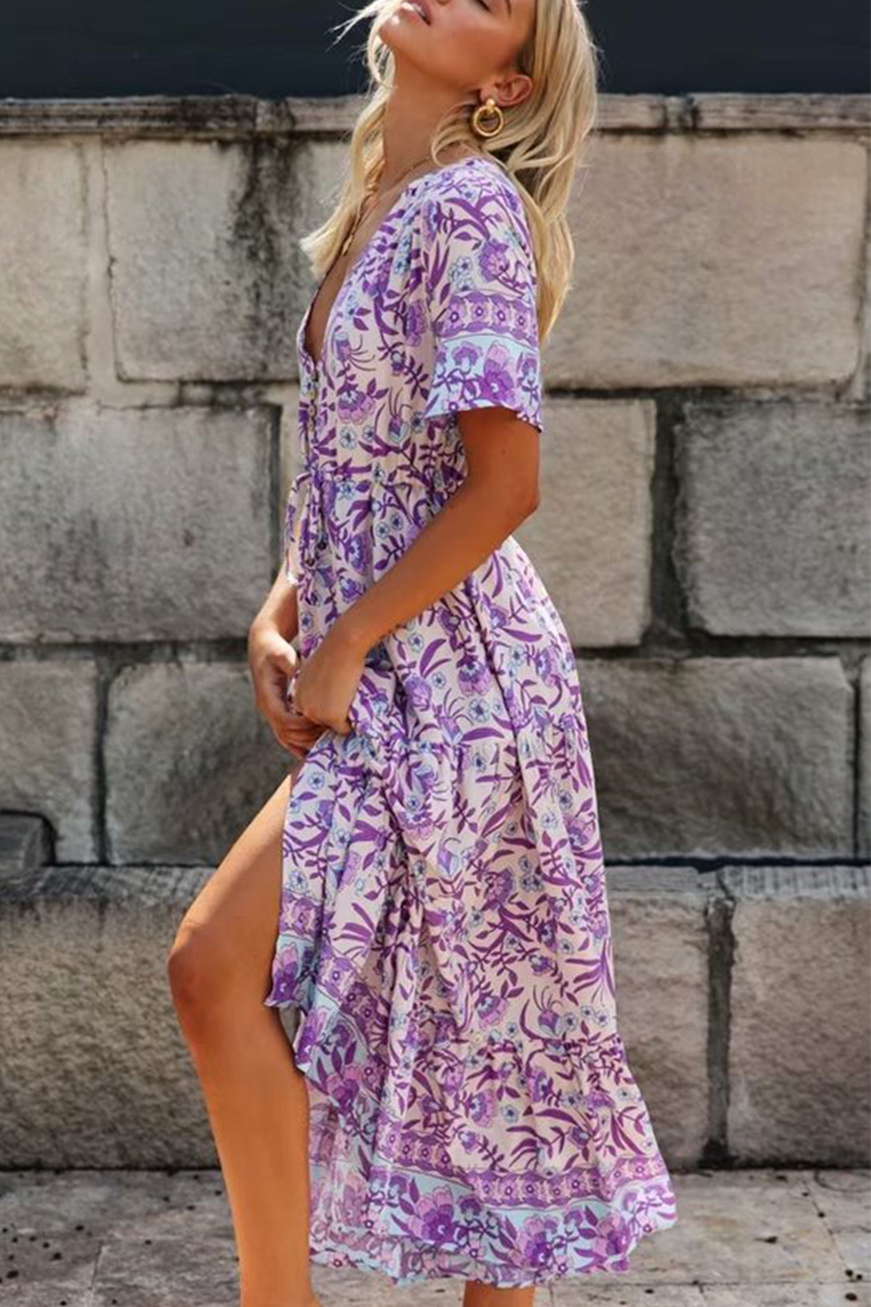 Purple Floral V Neck A Line Dresses