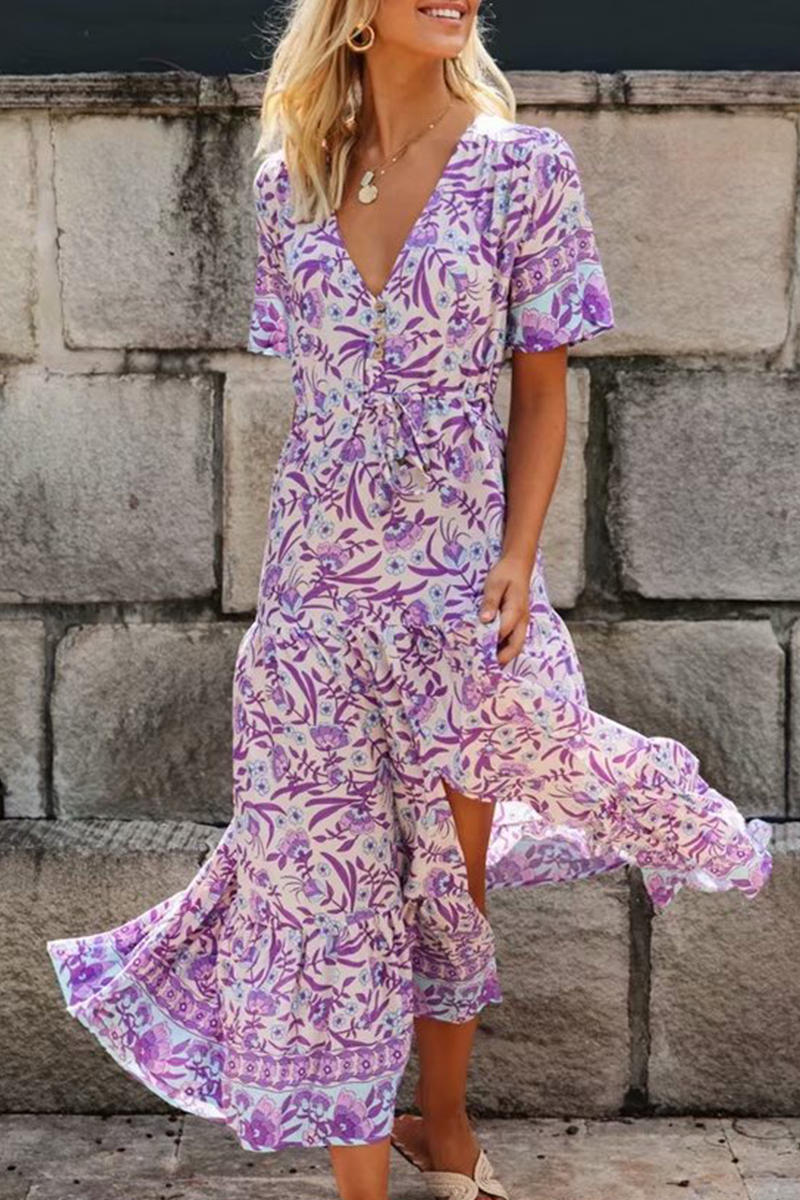 Purple Floral V Neck A Line Dresses