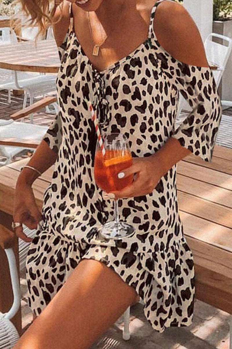 Fashion Elegant Leopard Split Joint V Neck A Line Dresses