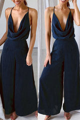 Fashion Sexy Solid Backless V Neck Loose Jumpsuits