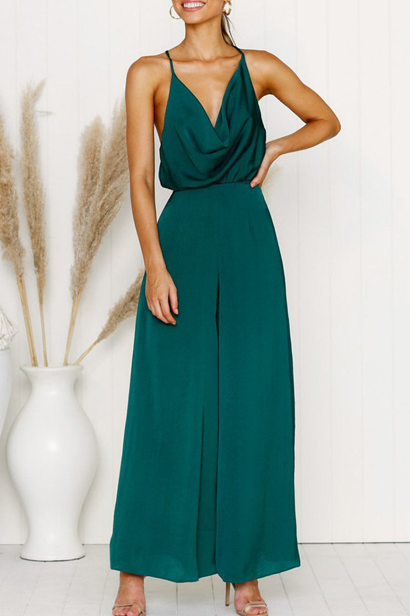 Fashion Sexy Solid Backless V Neck Loose Jumpsuits