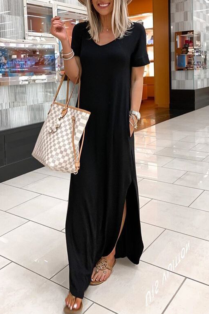 Casual Solid Slit V Neck Irregular Dress Dresses