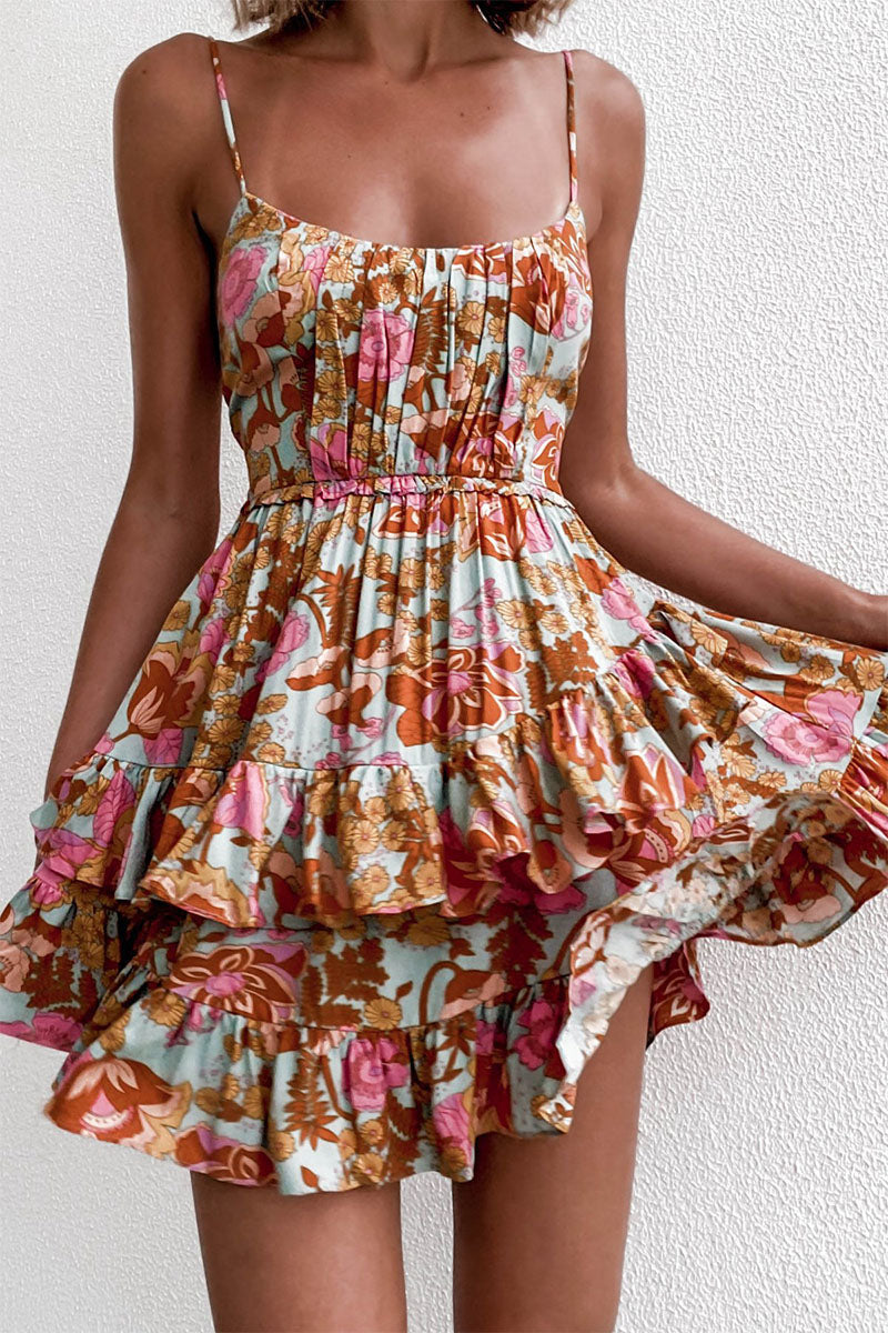 Print Spaghetti Strap Cake Skirt Dresses