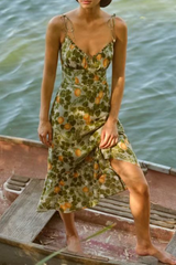 Vacation Floral Bandage Flounce V Neck A Line Dresses