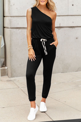 Casual Solid Backless One Shoulder Regular Jumpsuits