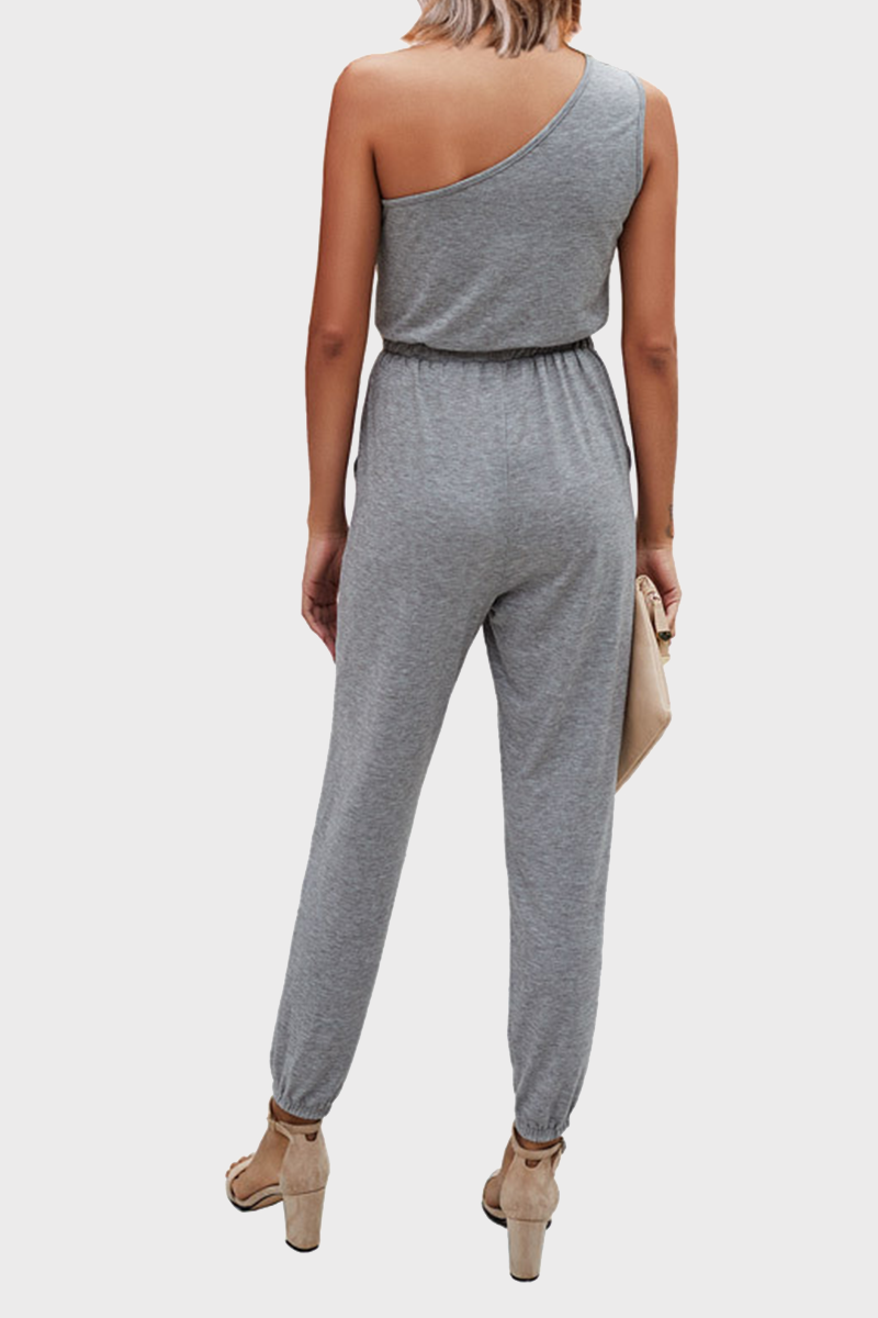 Casual Solid Backless One Shoulder Regular Jumpsuits