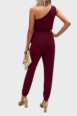 Casual Solid Backless One Shoulder Regular Jumpsuits