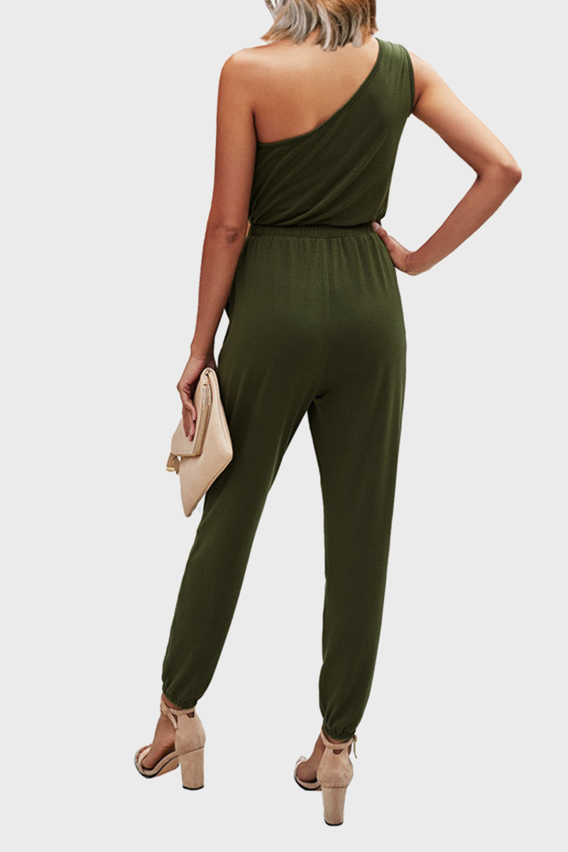 Casual Solid Backless One Shoulder Regular Jumpsuits