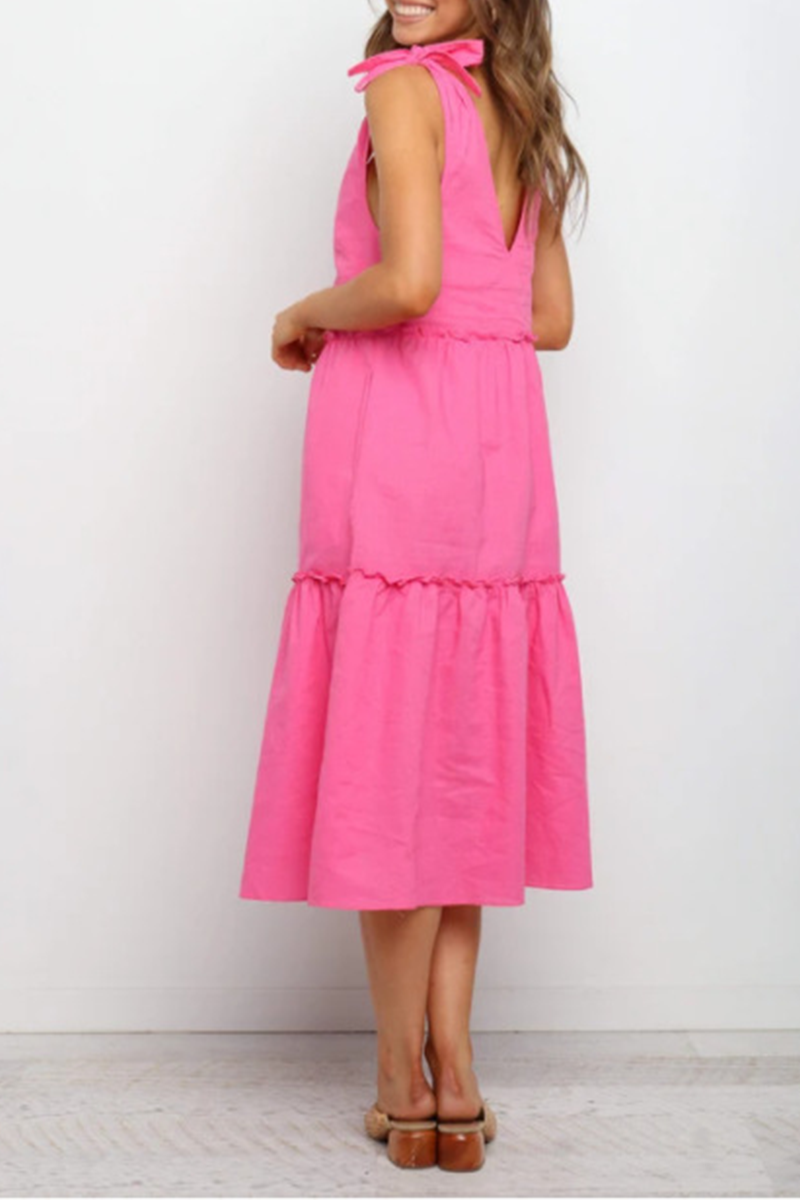 Casual Solid Split Joint With Bow V Neck A Line Dresses