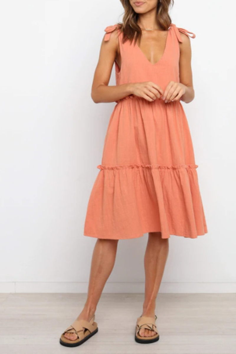 Casual Solid Split Joint With Bow V Neck A Line Dresses