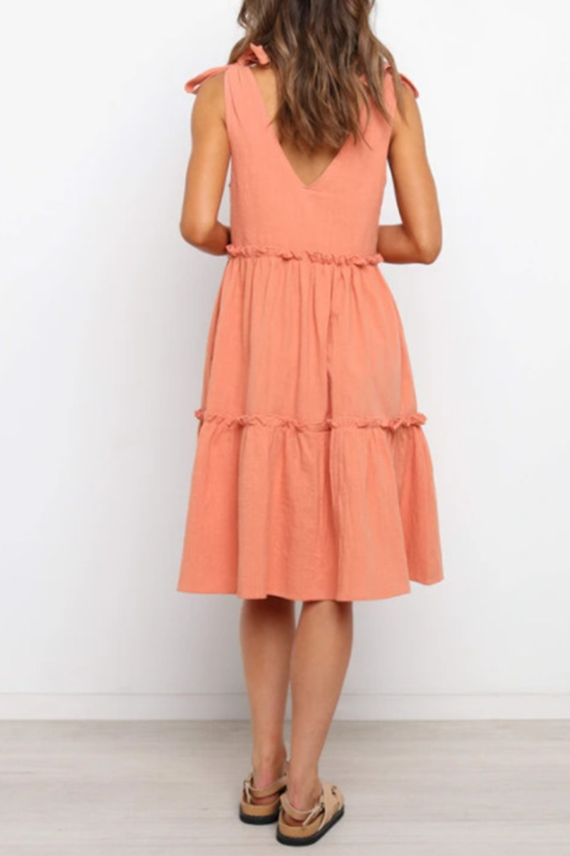 Casual Solid Split Joint With Bow V Neck A Line Dresses