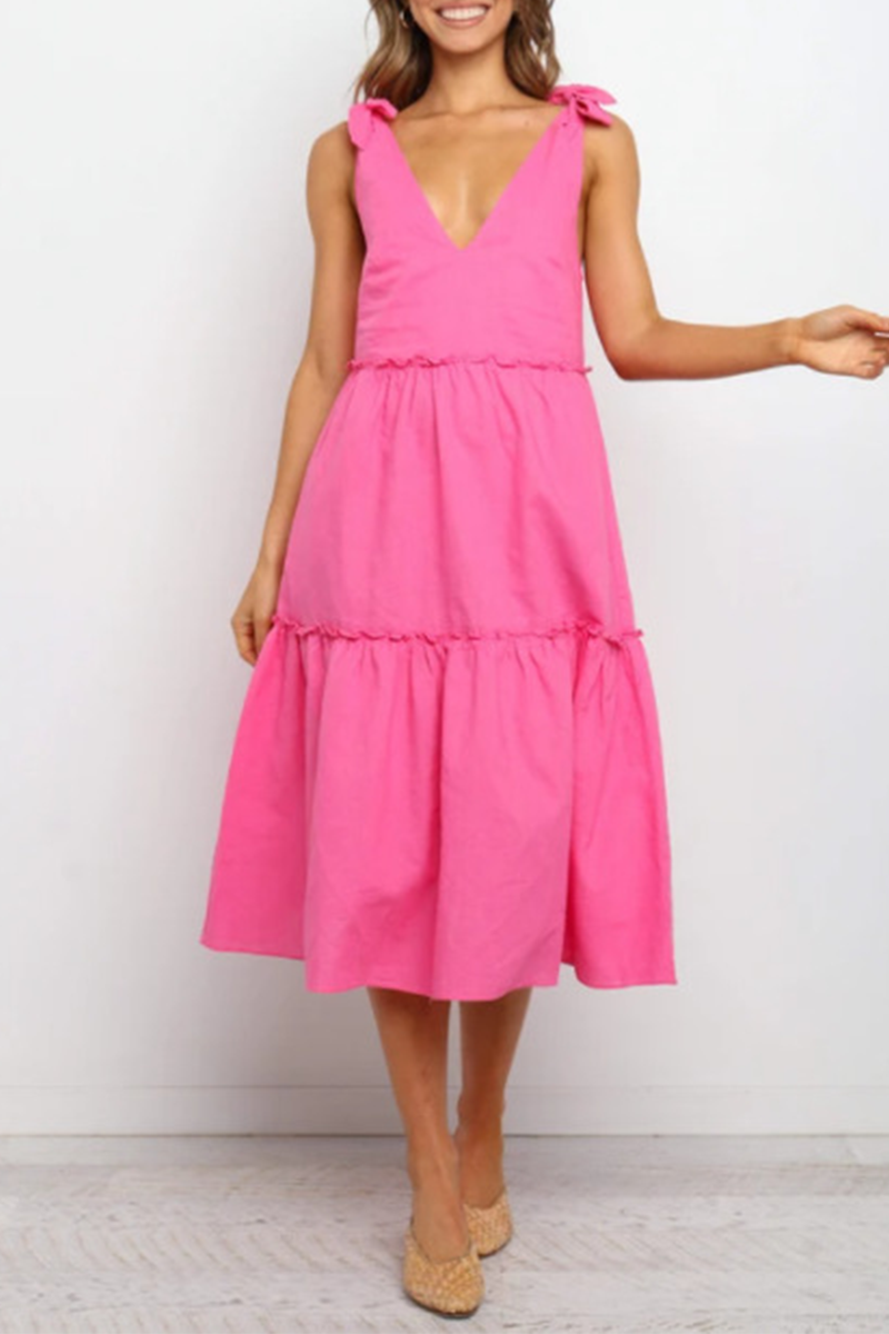 Casual Solid Split Joint With Bow V Neck A Line Dresses