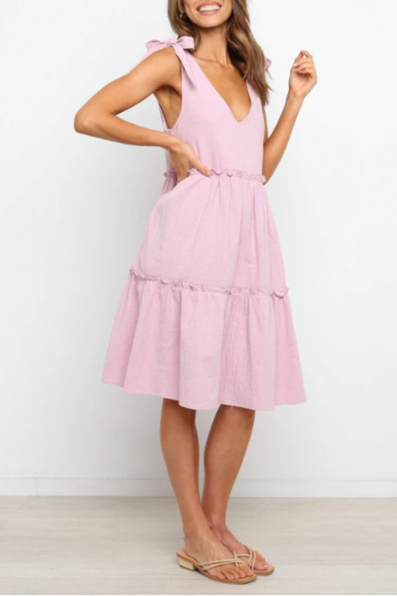 Casual Solid Split Joint With Bow V Neck A Line Dresses