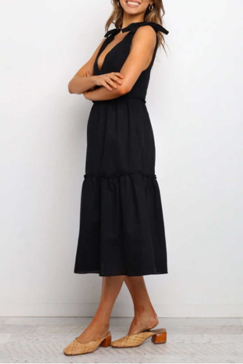 Casual Solid Split Joint With Bow V Neck A Line Dresses