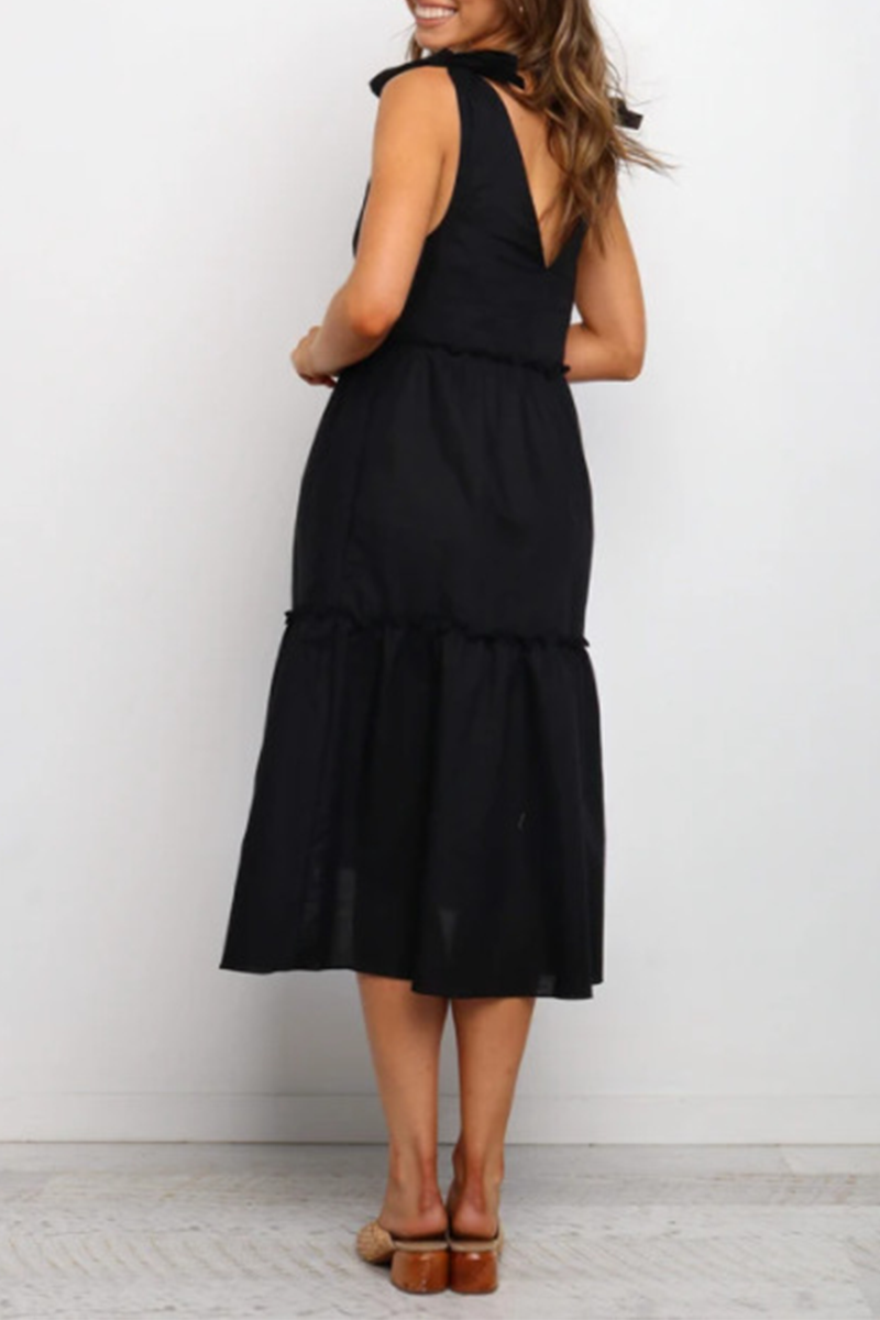 Casual Solid Split Joint With Bow V Neck A Line Dresses