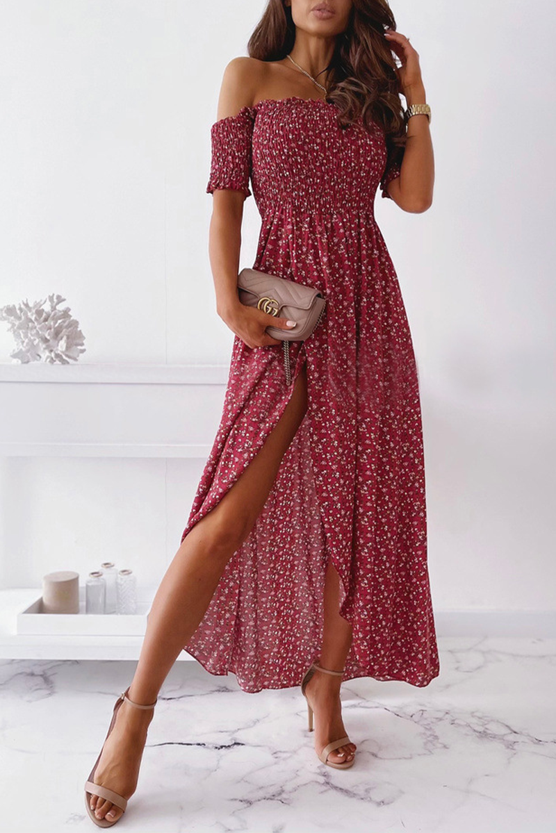 Fashion Floral High Opening Fold Strapless Evening Dress Dresses(4 Colors)