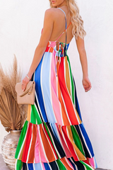 Casual Color Lump Backless Cross Straps V Neck Cake Skirt Dresses