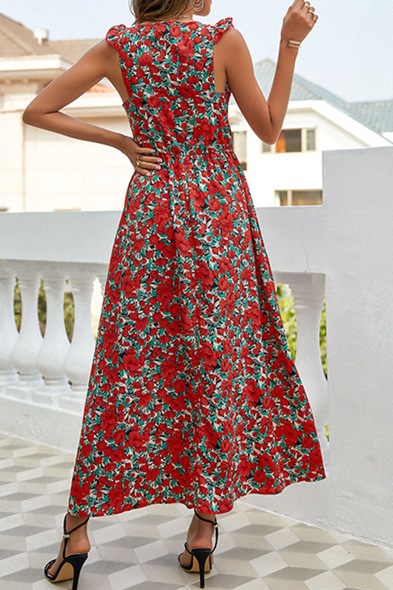 Fashion Elegant Print Split Joint Spaghetti Strap A Line Dresses