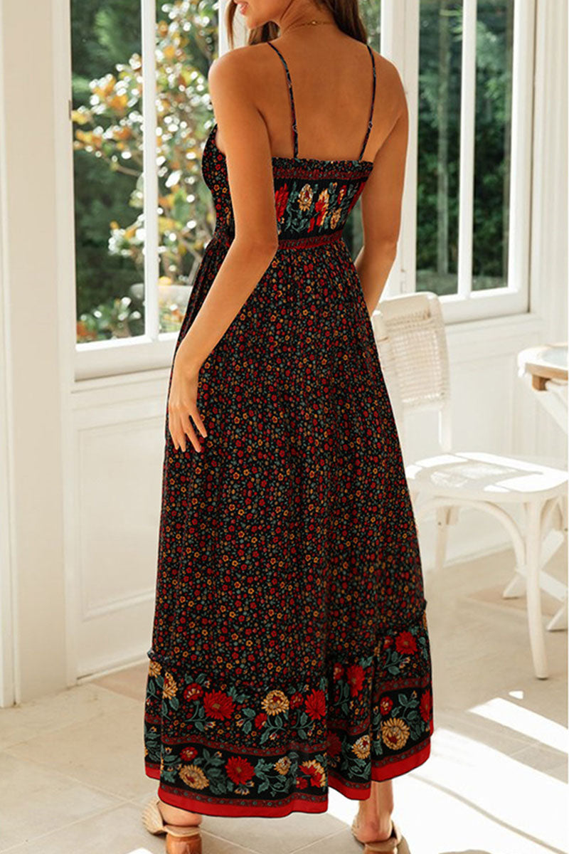 Fashion Sexy Print Split Joint V Neck A Line Dresses