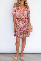 Bohemian Print Off the Shoulder A Line Dresses