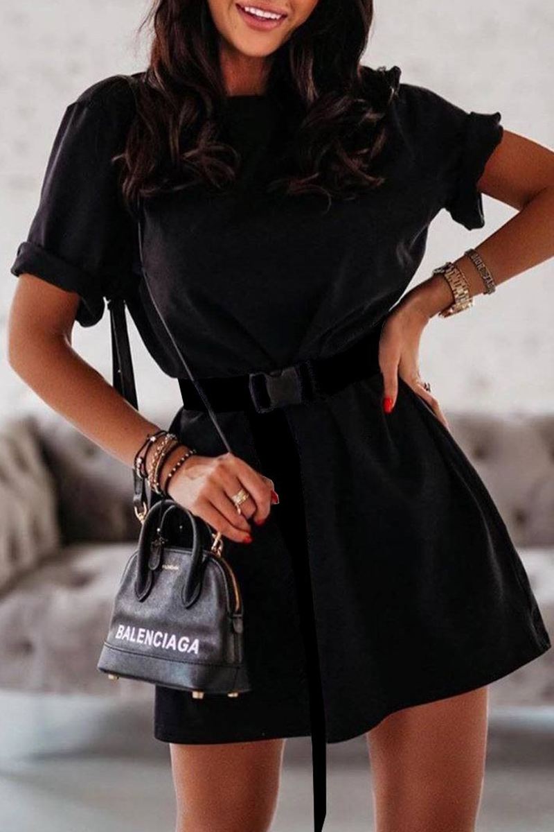 Casual Solid Basic With Belt O Neck T-shirt Dress Dresses