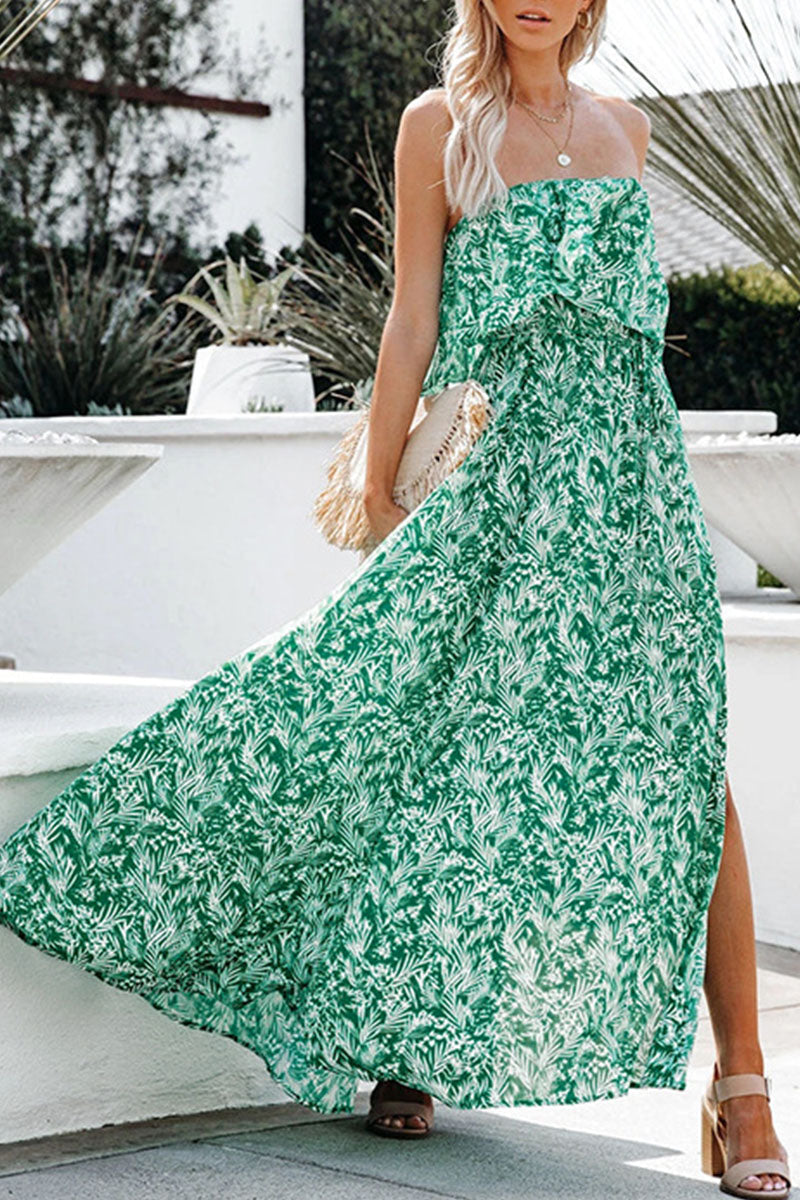 Fashion Elegant Print Split Joint Strapless A Line Dresses