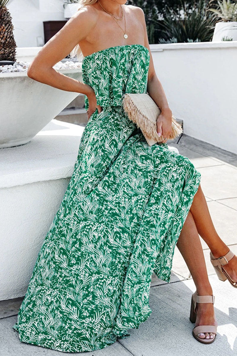 Fashion Elegant Print Split Joint Strapless A Line Dresses