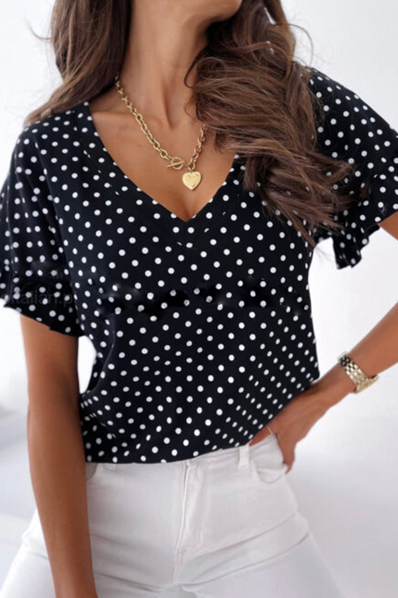 Casual Elegant Dot Split Joint Stringy Selvedge V Neck Tops