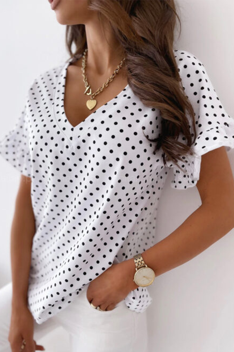 Casual Elegant Dot Split Joint Stringy Selvedge V Neck Tops