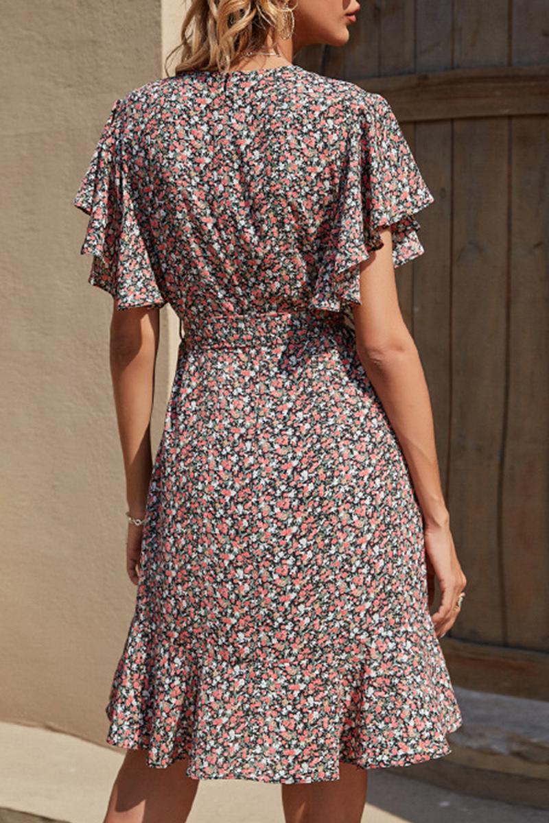 Fashion Elegant Floral Split Joint With Belt V Neck A Line Dresses