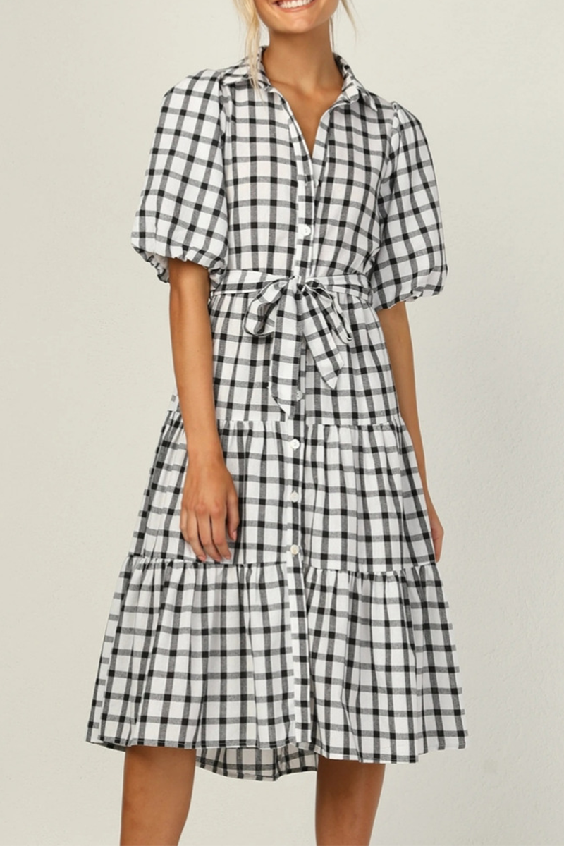 Fashion Elegant Plaid Buttons Flounce POLO collar A Line Dresses