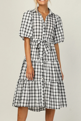 Fashion Elegant Plaid Buttons Flounce POLO collar A Line Dresses