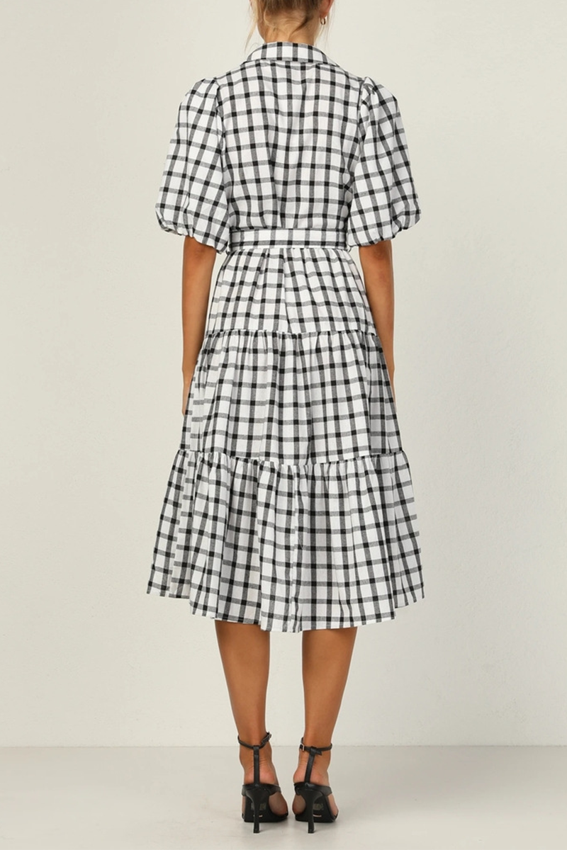 Fashion Elegant Plaid Buttons Flounce POLO collar A Line Dresses