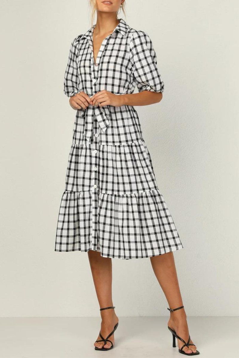 Fashion Elegant Plaid Buttons Flounce POLO collar A Line Dresses