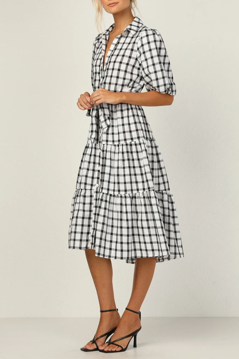 Fashion Elegant Plaid Buttons Flounce POLO collar A Line Dresses