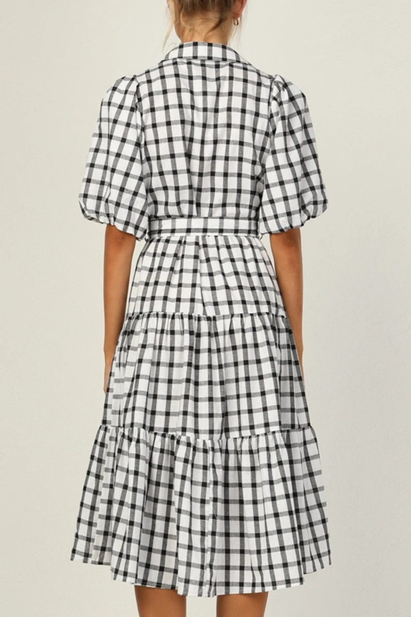 Fashion Elegant Plaid Buttons Flounce POLO collar A Line Dresses