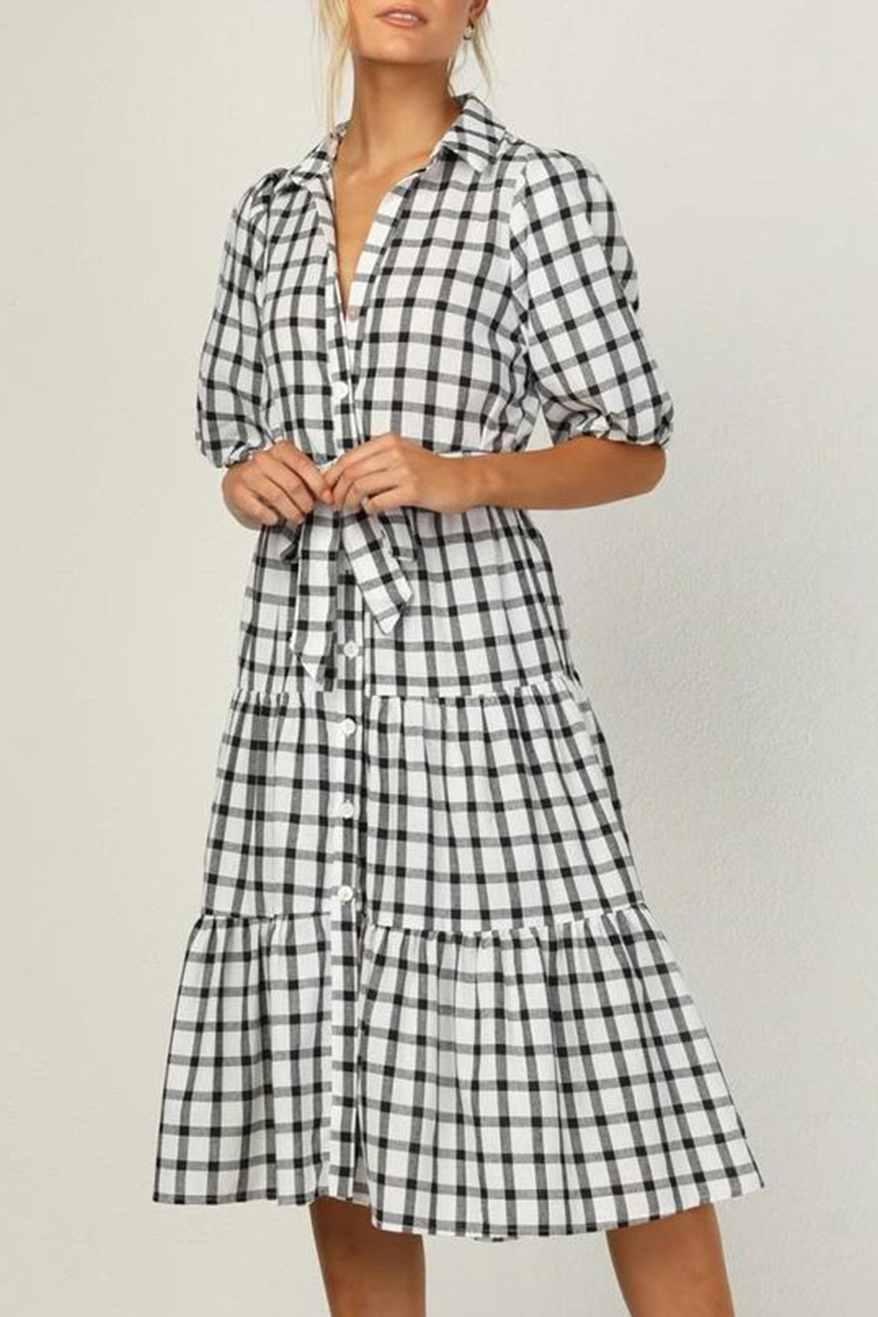 Fashion Elegant Plaid Buttons Flounce POLO collar A Line Dresses